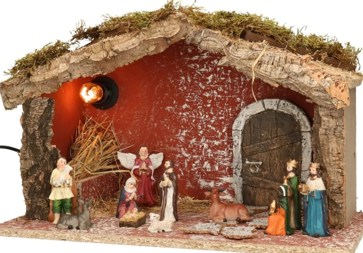 Merkloos Kerststallen>Complete Verlichte Kerststal Met 11X St Kerststal Beelden - 39 X 20 X 24 Cm