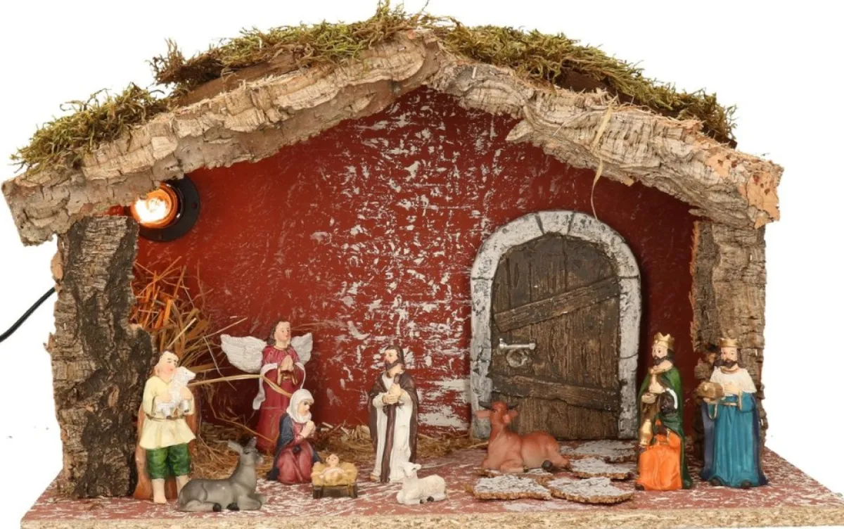 Merkloos Kerststallen>Complete Verlichte Kerststal Met 11X St Kerststal Beelden - 39 X 20 X 24 Cm