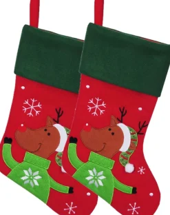 Merkloos Kerstsokken>Decoratie Kerstsokken - 2X - Rood - Met Rendier - H45 Cm - Polyester
