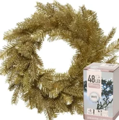 Decoris Kerstkransen> Kerstkrans - Goud Glitter - D50 Cm - Incl. Verlichting Helder Wit