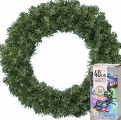 Decoris Kerstkransen> Kerstkrans - Groen - D35 Cm - Incl. Verlichting Gekleurd