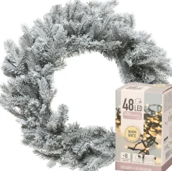 Decoris Kerstkransen> Kerstkrans - Groen Met Sneeuw - D50 Cm - Incl. Verlichting Warm Wit