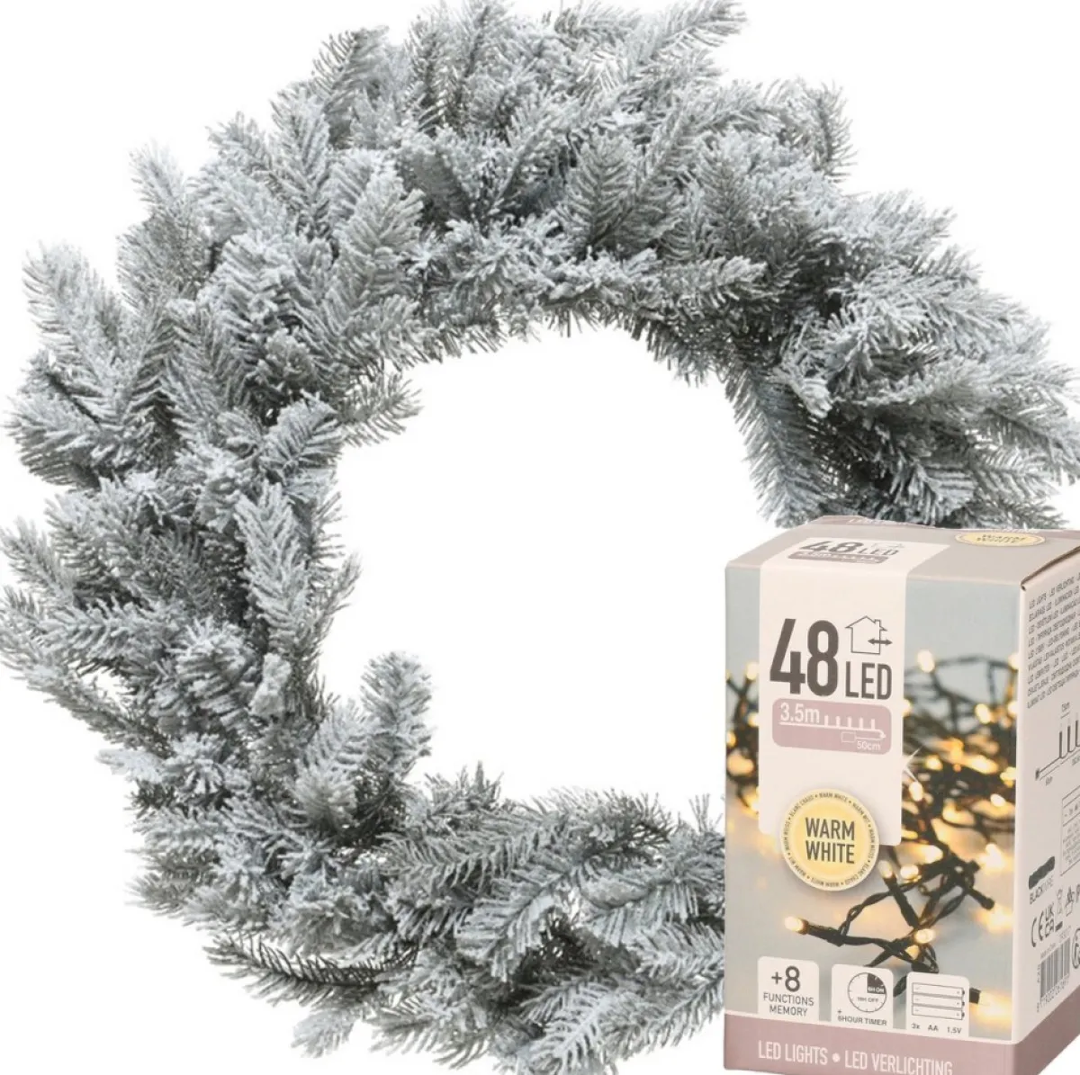 Decoris Kerstkransen> Kerstkrans - Groen Met Sneeuw - D50 Cm - Incl. Verlichting Warm Wit
