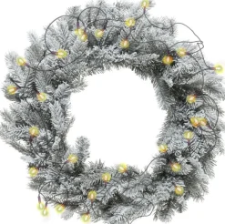 Decoris Kerstkransen> Kerstkrans - Groen Met Sneeuw - D50 Cm - Incl. Verlichting Warm Wit
