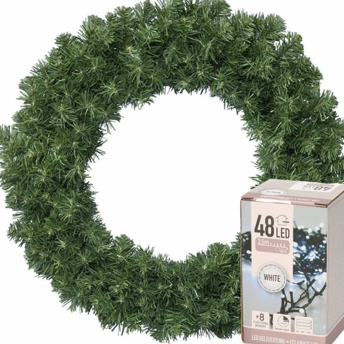Decoris Kerstkransen> Kerstkrans - Groen - D60 Cm - 200 Takken - Incl. Verlichting Helder Wit