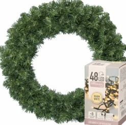 Decoris Kerstkransen> Kerstkrans - Groen - D35 Cm - Incl. Verlichting Warm Wit