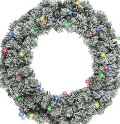 Decoris Kerstkransen> Kerstkrans - Groen Met Sneeuw - D40 Cm - Incl. Verlichting Gekleurd