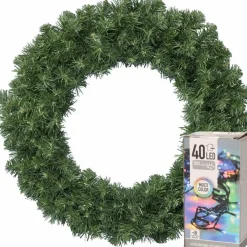 Decoris Kerstkransen> Kerstkrans - Groen - D60 Cm - 200 Takken - Incl. Verlichting Gekleurd