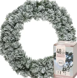 Decoris Kerstkransen> Kerstkrans - Groen Met Sneeuw - D35 Cm - Incl. Verlichting Helder Wit