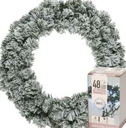 Decoris Kerstkransen> Kerstkrans - Groen Met Sneeuw - D40 Cm - Incl. Verlichting Helder Wit