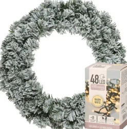 Decoris Kerstkransen> Kerstkrans - Groen Met Sneeuw - D35 Cm - Incl. Verlichting Warm Wit
