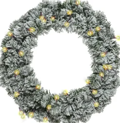 Decoris Kerstkransen> Kerstkrans - Groen Met Sneeuw - D35 Cm - Incl. Verlichting Warm Wit