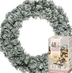 Decoris Kerstkransen> Kerstkrans - Groen Met Sneeuw - D40 Cm - Incl. Verlichting Warm Wit