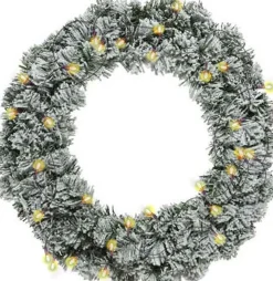 Decoris Kerstkransen> Kerstkrans - Groen Met Sneeuw - D40 Cm - Incl. Verlichting Warm Wit