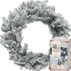 Decoris Kerstkransen> Kerstkrans - Groen Met Sneeuw - D50 Cm - Incl. Verlichting Helder Wit