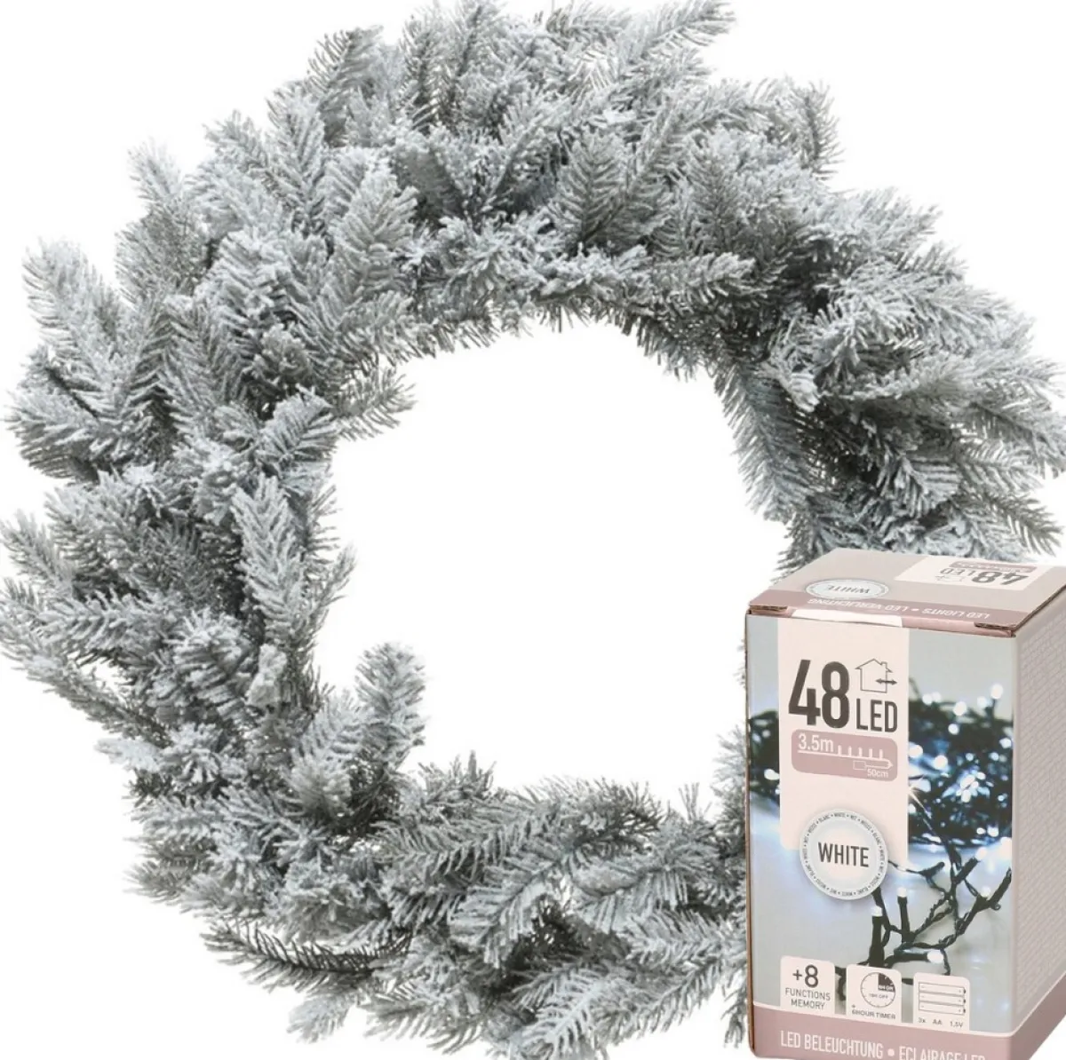 Decoris Kerstkransen> Kerstkrans - Groen Met Sneeuw - D50 Cm - Incl. Verlichting Helder Wit