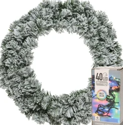 Decoris Kerstkransen> Kerstkrans - Groen Met Sneeuw - D35 Cm - Incl. Verlichting Gekleurd