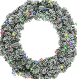 Decoris Kerstkransen> Kerstkrans - Groen Met Sneeuw - D35 Cm - Incl. Verlichting Gekleurd