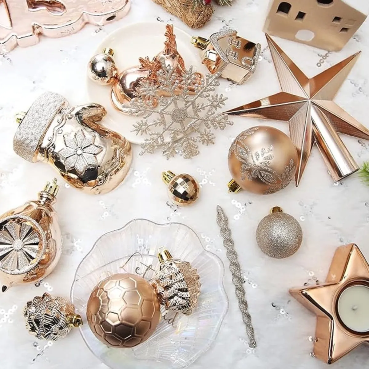 ‘Merkloos’’ Kerstboomversieringen>130-Delige Kerstboomdecoratieset, Champagne Kerstballen Ornamenten Onbreekbare Kerstboomversieringen Voor Kerst Bruiloftsfeest