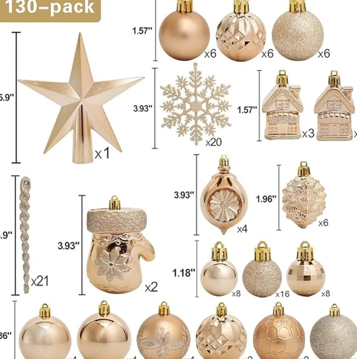 ‘Merkloos’’ Kerstboomversieringen>130-Delige Kerstboomdecoratieset, Champagne Kerstballen Ornamenten Onbreekbare Kerstboomversieringen Voor Kerst Bruiloftsfeest