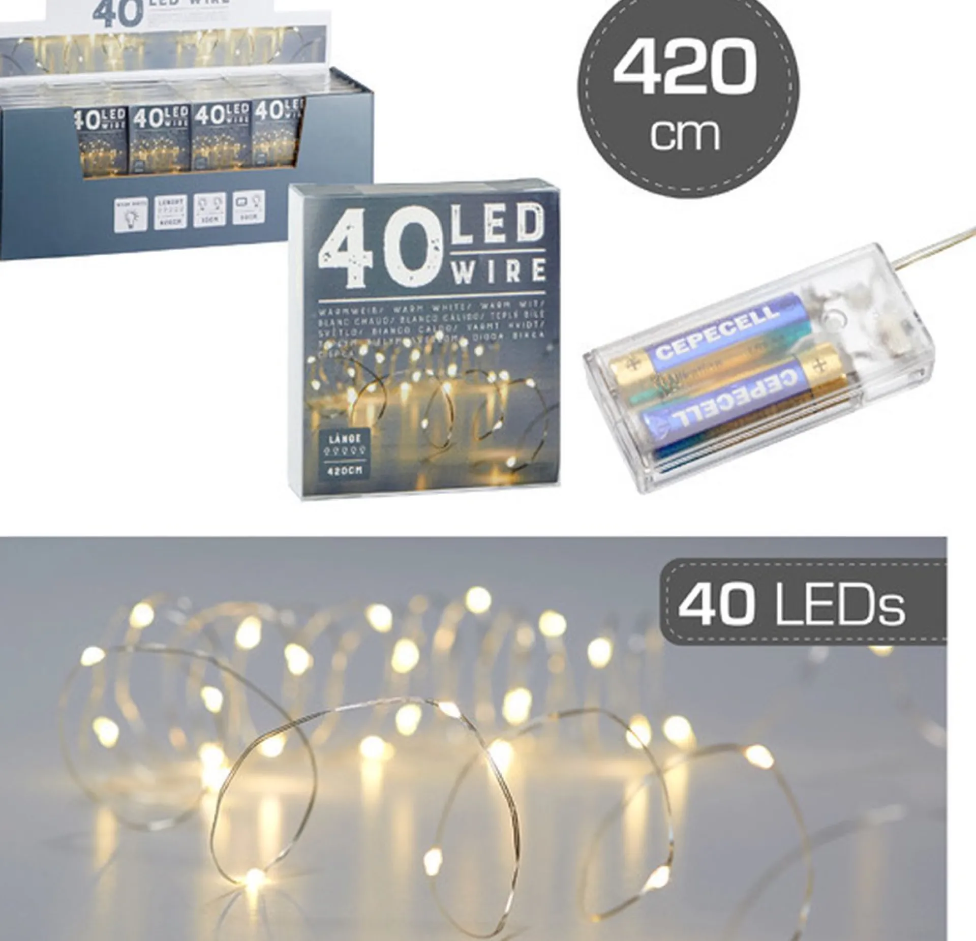 Merkloos Draadverlichting Lichtsnoer Met 40 Lampjes Warm Wit Op Batterij 420 Cm - Lichtdraden/Lichtsnoeren - Kerstverlichting Store