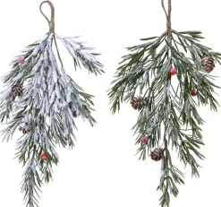 Everlands Kerststukjes></noscript> Dennentak Met Dennenappel Besneeuwd 20X40Cm Om Op Te Hangen Met Lus