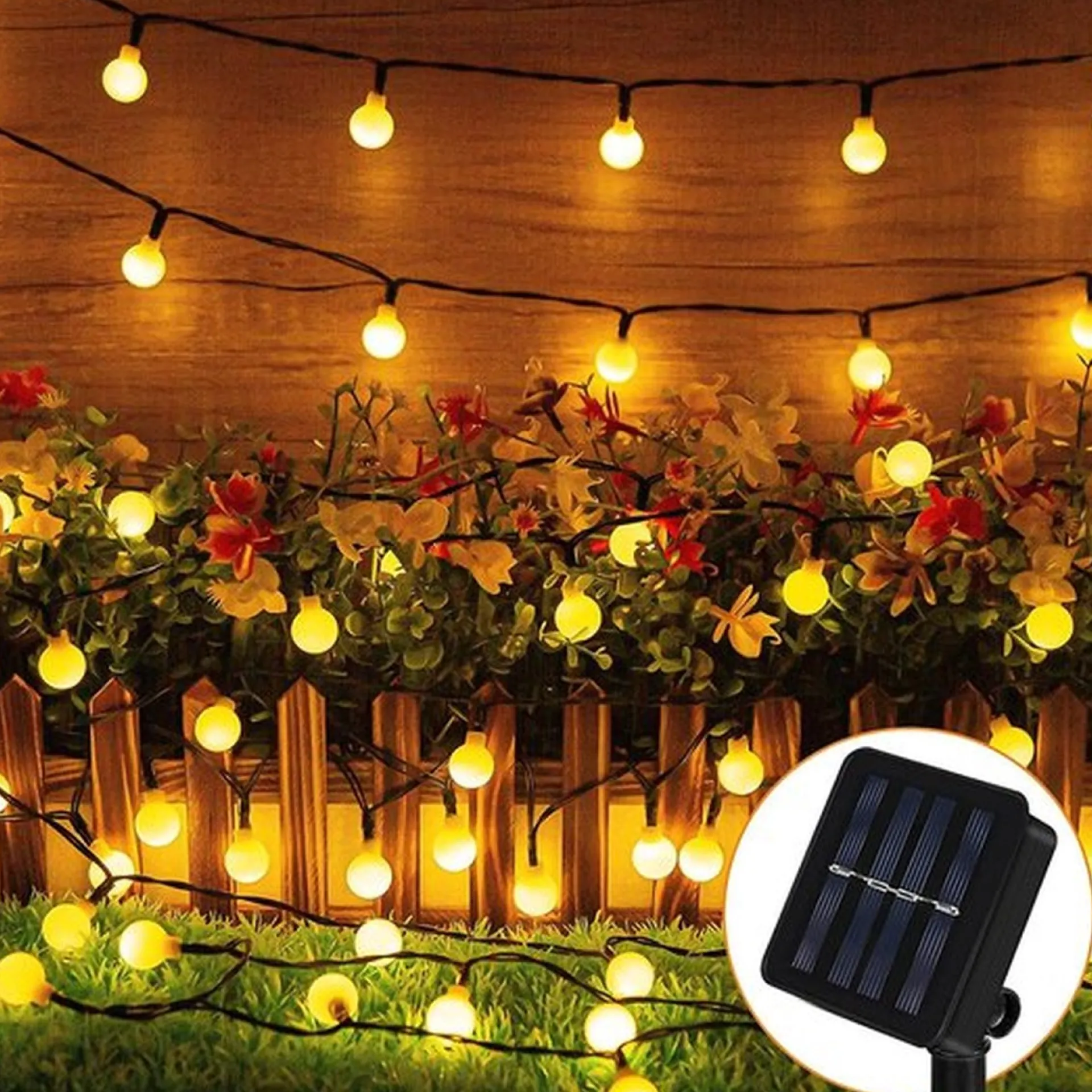 Bantach Fancylifestyle® Lichtsnoer Buiten - Zonne Energie - Cotton Ball Lights - Lichtslinger 10 Meter, 100 Led Lichtjes – Sfeerverlichting – Tuinverlichting New