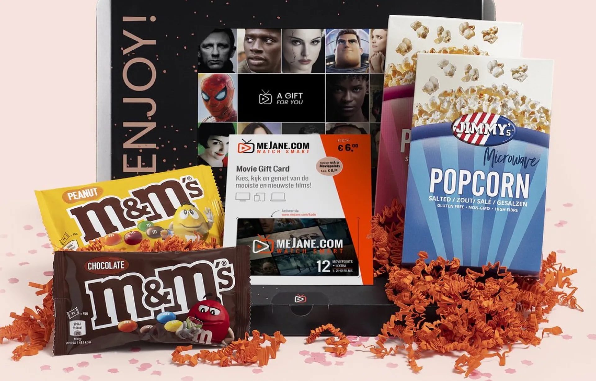meJane Filmpakket - Filmbox Cadeau Met Jimmy's Popcorn, M&Ms, Filmcadeaukaart Voor Een Mooi Avondje Thuisbios - Met Optioneel Persoonlijk Bericht Shop