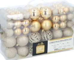 Gifts@Home Kerstboomversieringen>Giftsome Kerstballen Set - Plastic Kerstballen - Incl. Piek - O 3/4/6 Cm - Kerstversiering Kerstboom - 101 Stuks: Mat, Glanzend, Glitter En Open - Goud