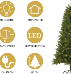 Giftsome Kunstkerstboom Met Verlichting - Kerstboom Met Led Verlichting - Opvouwbare Takken - Warm Wit Licht - 185 Cm - Lichtboom 140 Led Lampjes - Boom Voor Binnen - Groen Best