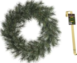 Decoris Kerstkransen>Groene Kerstkrans 60 Cm Malmo Met Gouden Hanger - Kerstversiering/Kerstdecoratie Kransen