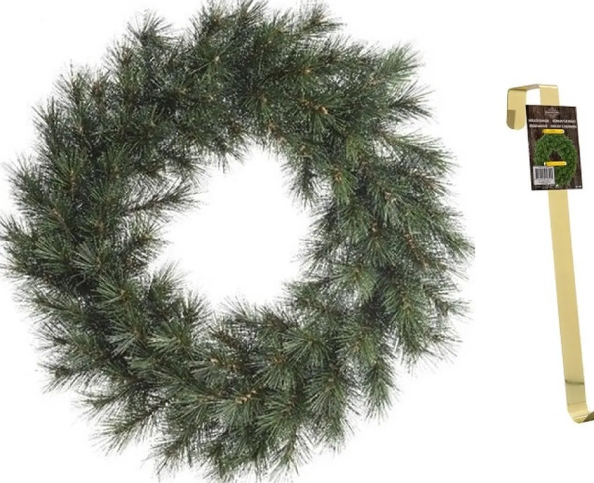 Decoris Kerstkransen>Groene Kerstkrans 60 Cm Malmo Met Gouden Hanger - Kerstversiering/Kerstdecoratie Kransen