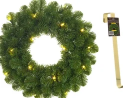 Mica Decorations Kerstkransen>Groene Verlichte Kerstkransen/Deurkransen Met 30 Leds 60 Cm En Met Gouden Hanger - Kerstversiering/Kerstdecoratie Kransen