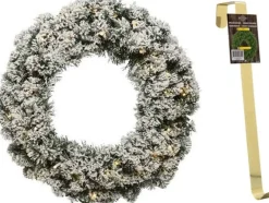 Decoris Kerstkransen>Groen/Witte Led Kerstkrans 50 Cm Imperial Met Kunstsneeuw En Met Gouden Hanger - Kerstversiering/Kerstdecoratie Kransen