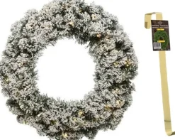 Decoris Kerstkransen>Groen/Witte Led Kerstkrans 60 Cm Imperial Met Kunstsneeuw En Met Gouden Hanger - Kerstversiering/Kerstdecoratie Kransen