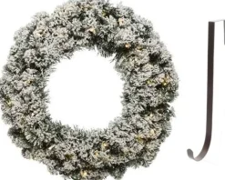 Decoris Kerstkransen>Groen/Witte Led Kerstkrans 60 Cm Imperial Kunstsneeuw Met Ijzeren Hanger - Kerst Decoratie Kransen Van Dennentakken