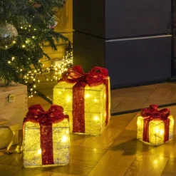 Haushalt International Hhi Led Geschenkdoos - 3 Delig - 3 Maten - Goud/Geelkleurig Met Rode Strik Shop