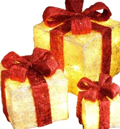 Haushalt International Hhi Led Geschenkdoos - 3 Delig - 3 Maten - Goud/Geelkleurig Met Rode Strik Shop