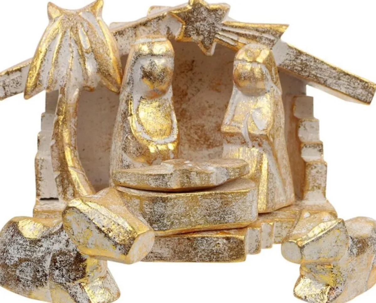 Fairtrade uit Indonesie Kerststallen>Houten Kerststal Goudkleurig (20 X 12 Cm)