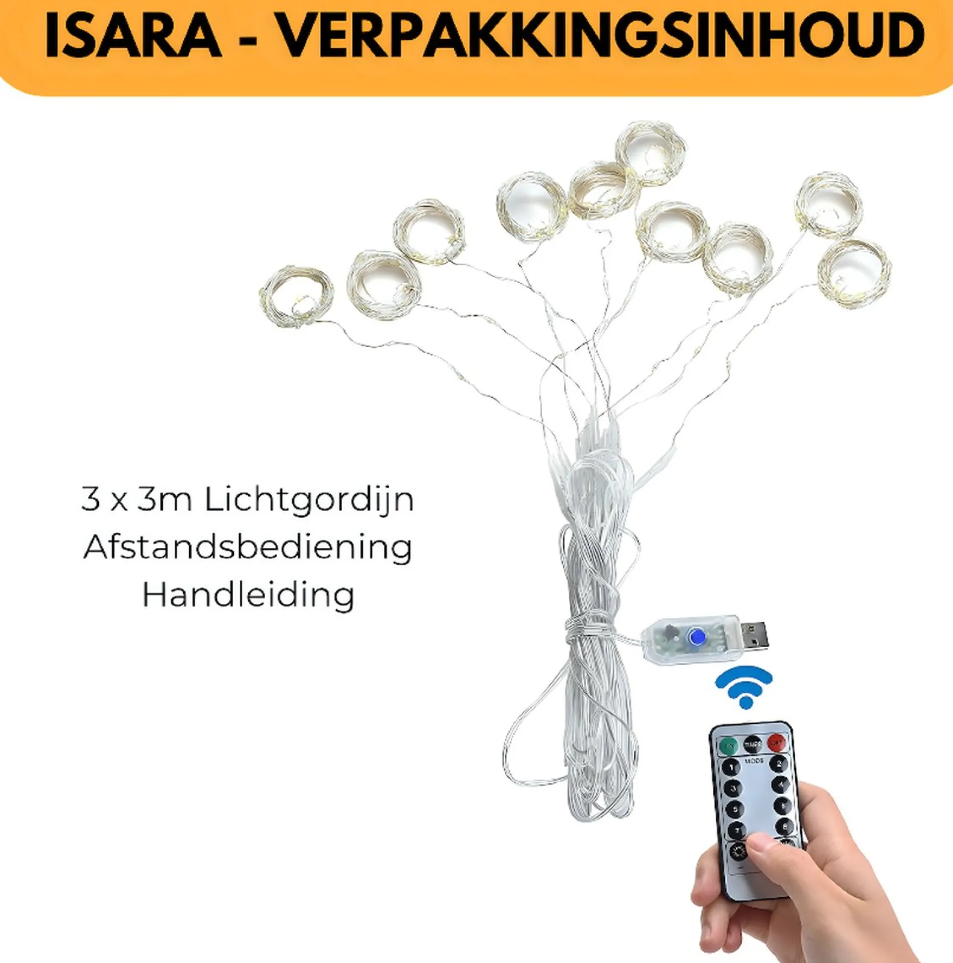 Isara 3X3 Meter Kerst Lichtgordijn - 300 Led's Met Afstandsbediening - Gele Sfeerverlichting - Usb-Aangedreven - Voor Binnen - Complete Handleiding - Perfect Voor Kerstdecoratie - Led Lichtsnoer Best