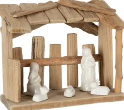J-Line Kerststallen> Kerststal Plat Dak Hout/Keramiek Naturel/Wit