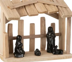 J-Line Kerststallen> Kerststal Plat Dak Hout/Keramiek Naturel/Zwart