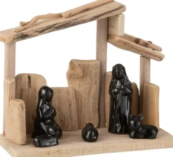 J-Line Kerststallen> Kerststal Schuine Daken Hout/Keramiek Naturel/Zwart