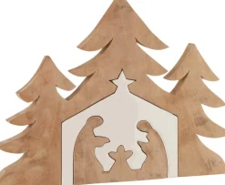 J-Line Kerststallen> Kerststal+Kerstbomen Puzzle Mango Hout Wit/Naturel