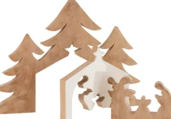 J-Line Kerststallen> Kerststal+Kerstbomen Puzzle Mango Hout Wit/Naturel