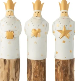 J-Line Kerststallen> Koningen 3 Op Voet Ijzer/Hout Wit/Goud Assortiment Van 3