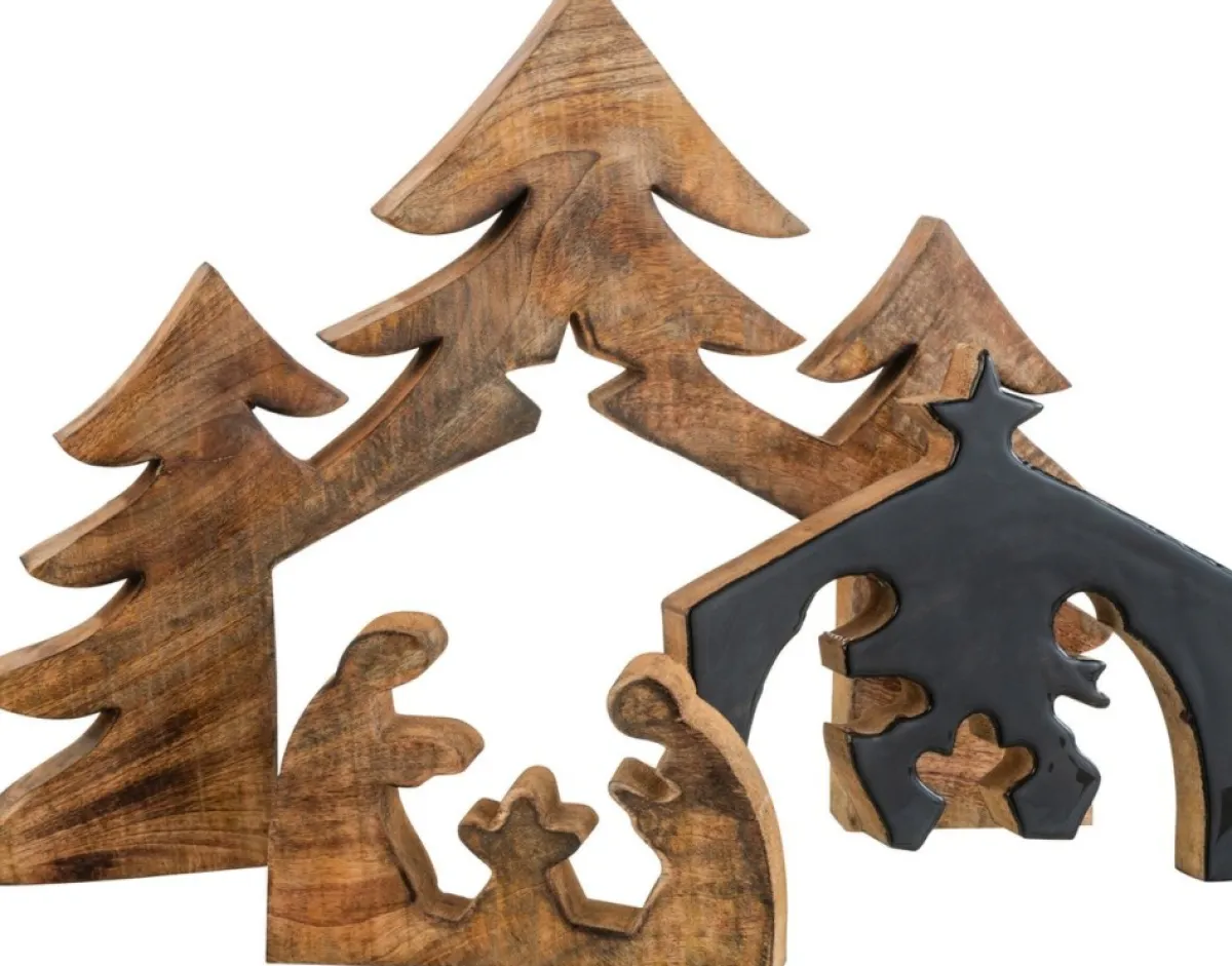 J-Line Kerststallen> Kribbe Bomen Hout Zwart/Naturel Xl