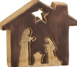 J-Line Kerststallen> Kribbe Huis Hout Bruin/Naturel Small