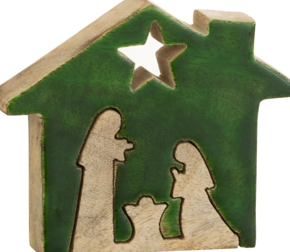 J-Line Kerststallen> Kribbe Huis Hout Groen/Naturel Small