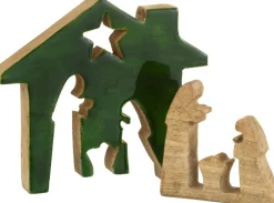 J-Line Kerststallen> Kribbe Huis Hout Groen/Naturel Large